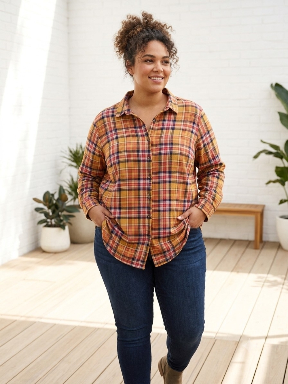 Bobbie Brooks Golden Yellow Plaid Flannel Button-Down Shirt.   Size 3X.  WS 207